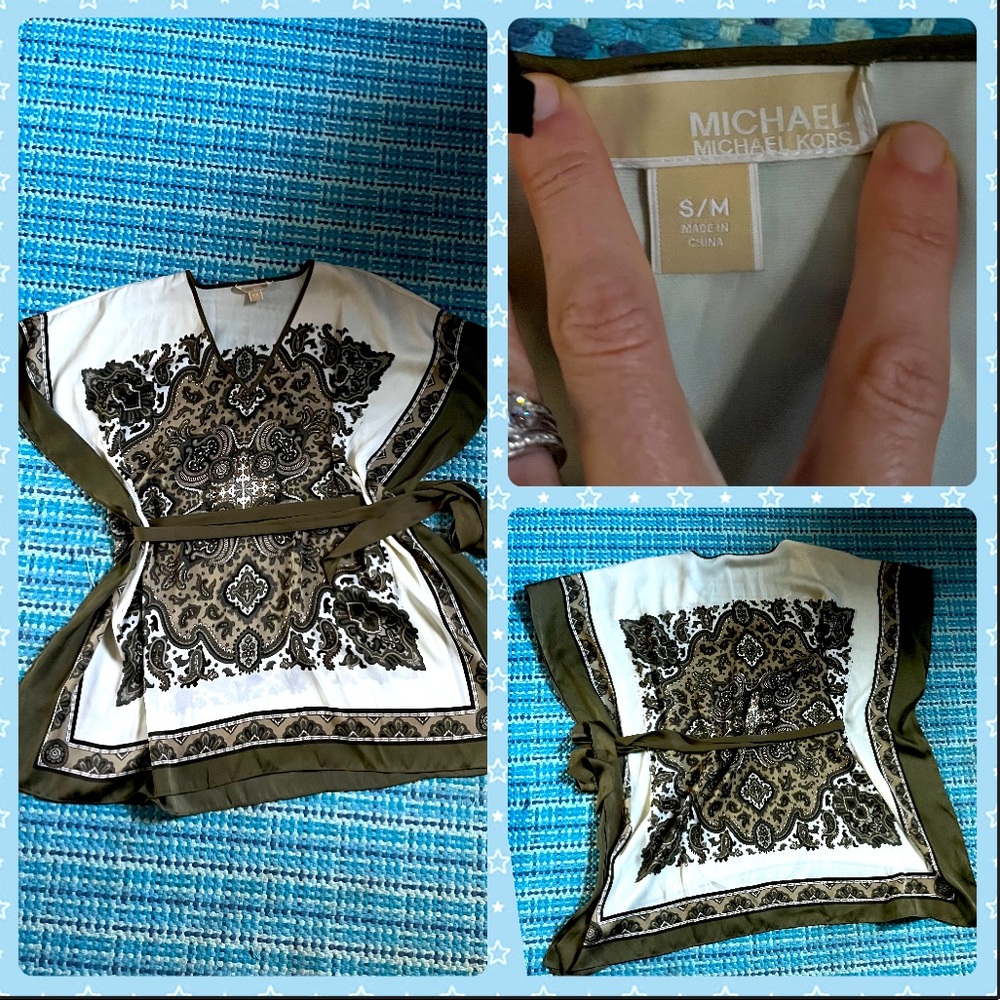 MICHAEL KORS Olive Green Belted Kimono Sleeve Handkerchief Blouse -S/M